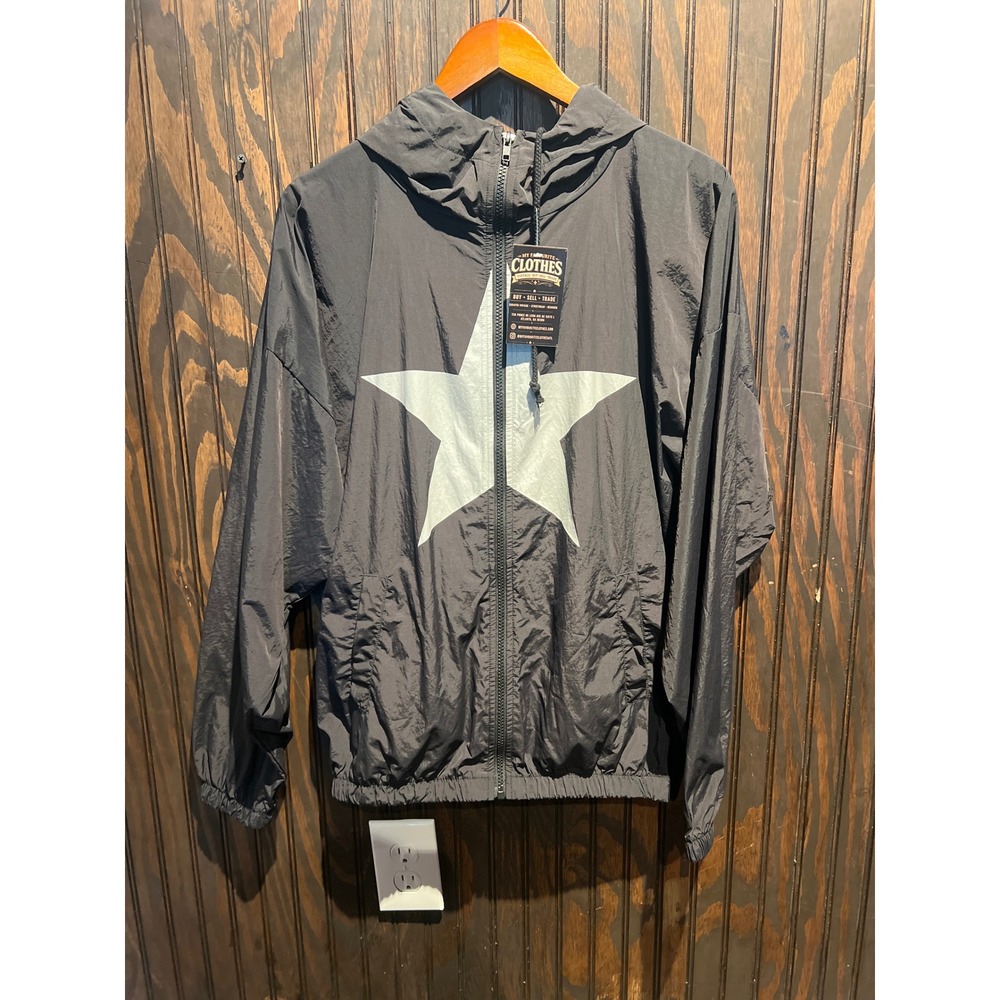 Black Full Zip Star Graphic Hooded Windbreaker Jacket Streetwear Lightweight